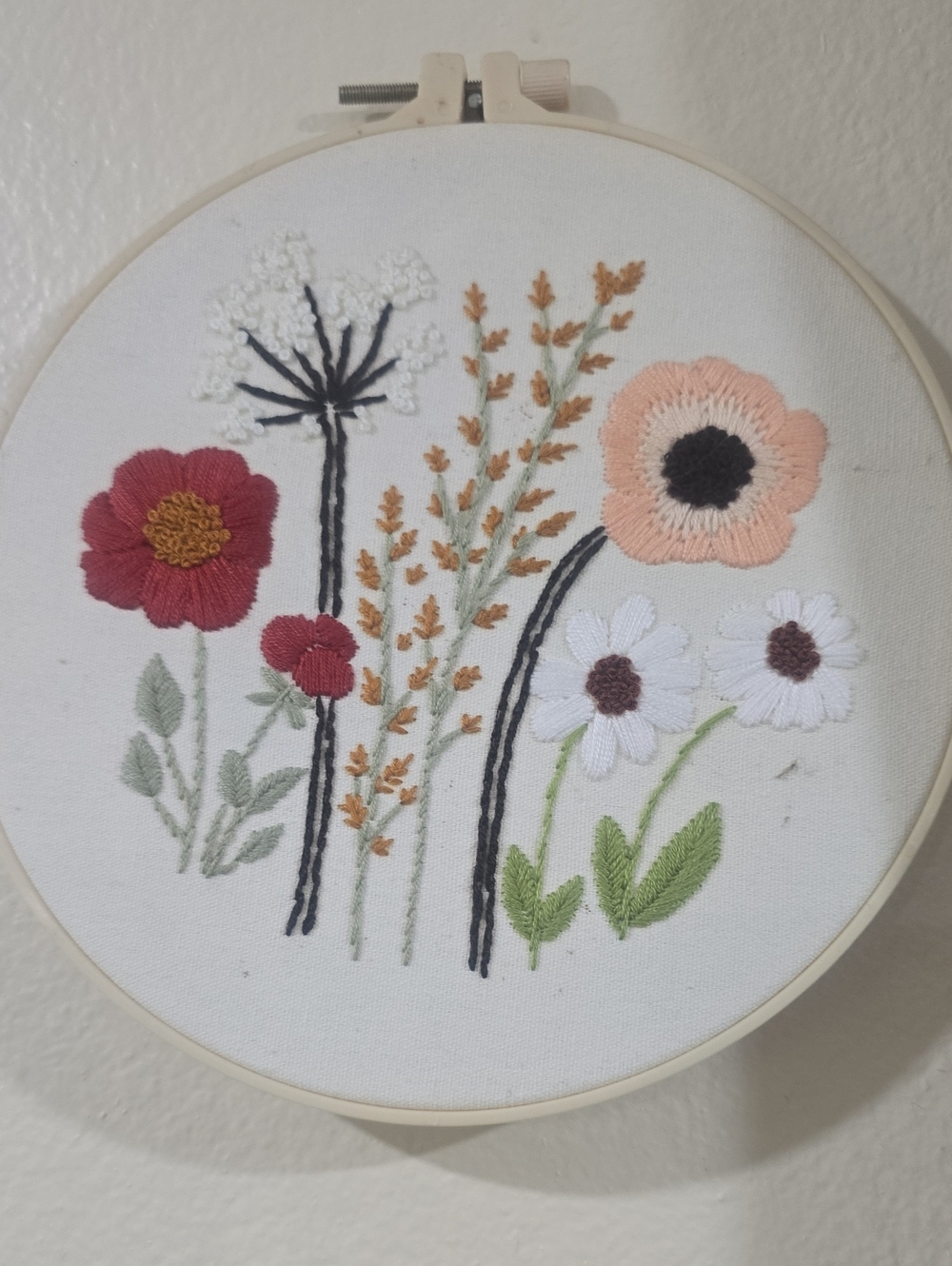 Embroidered Wildflower Hoop Art in Red, Peach, White, Green